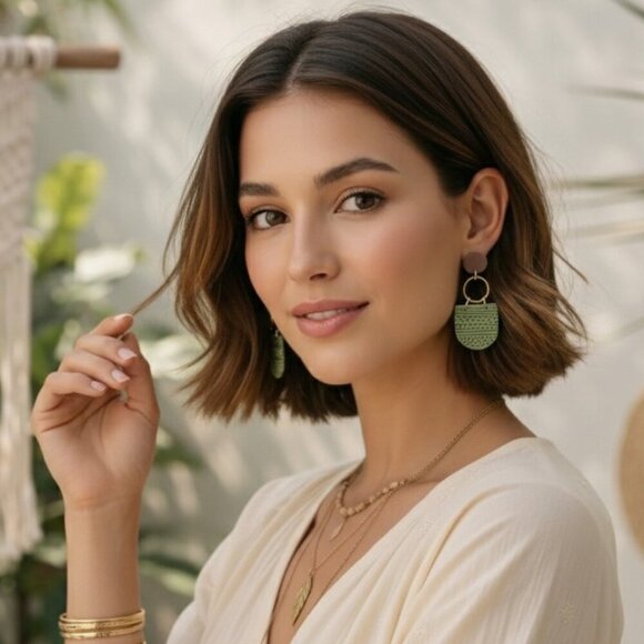 Sage Green Polymer Clay Wood Dangle Earrings Gold Plated Sterling Silver Posts - Picture 5 of 17